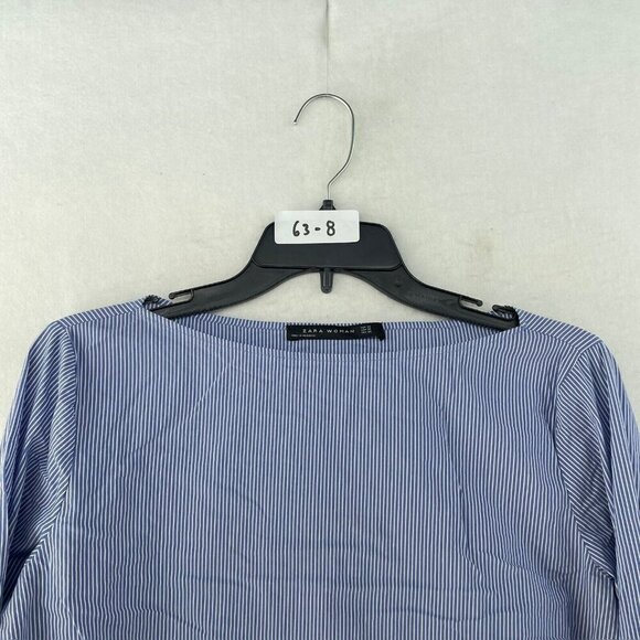 Zara Blouse Women's Sz XS Blue Striped Boat Neck Embroidered Bell 3/4 Sleeve - Picture 12 of 12